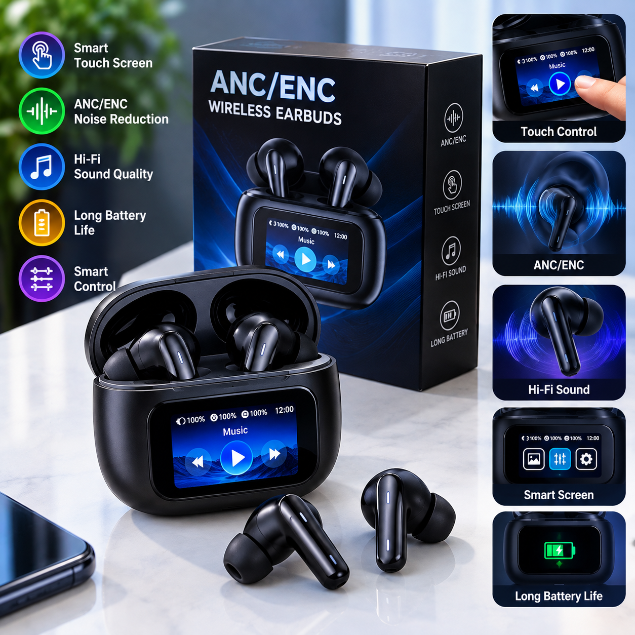 ANC/ENC Smart Screen Wireless Earbuds (Touch Control) - Image 3
